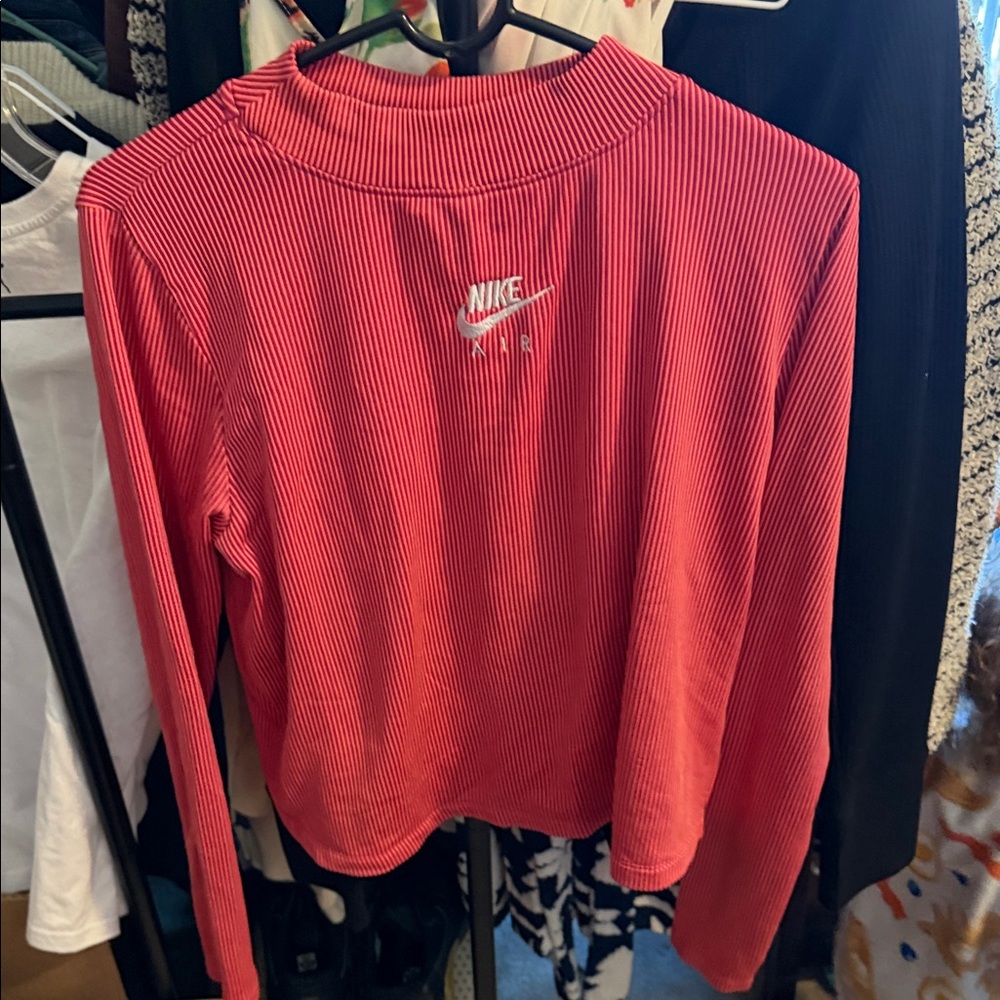 Nike Red Long-Sleeve Ribbed Top with White Logo